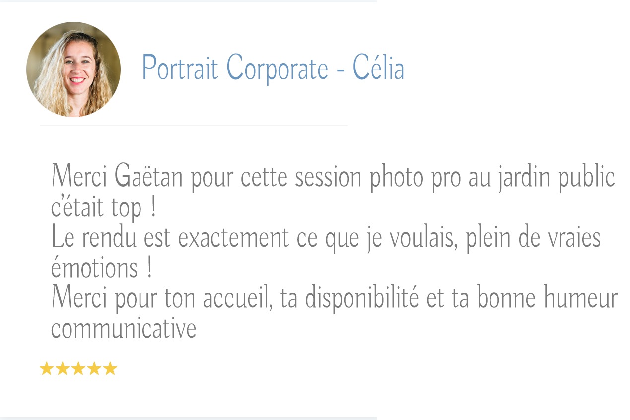 Bilan d'une séance photo professionnelle avec un photographe de mariage à Bordeaux vous est présenté. En haut à gauche, une petite image circulaire d'une femme souriante aux cheveux bouclés. Le texte ci-dessous se lit comme suit : "Merci Gaëtan pour cette séance photo pro au jardin public c'était top! Le rendu est exactement ce que je voulais, plein de vraies émotions!" et plus encore. Une note de cinq étoiles se trouve en bas à gauche