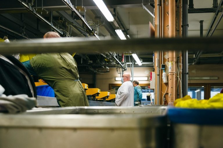 Des ouvriers en tenue de protection manipulent des machines dans un environnement industriel. La vue montre des bacs métalliques et divers tuyaux le long du plafond. L'environnement semble animé, avec un éclairage fluorescent éclairant l'espace de travail. Parmi ces Héros Méconnus du CH d'Angoulême, un ouvrier en blouse blanche se démarque.