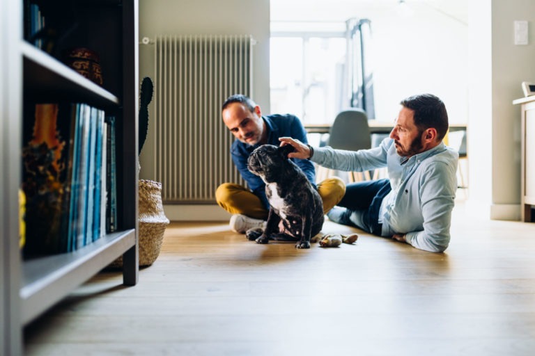 Deux personnes se prélassent sur le sol d'une pièce ensoleillée, interagissant avec un petit chien noir et blanc. Une personne, vêtue d'une chemise bleue, sourit tout en caressant le chien ; l'autre, vêtue d'une chemise claire, le regarde avec tendresse et amour inconditionnel. Des étagères avec des livres et un panier tressé sont visibles au premier plan.