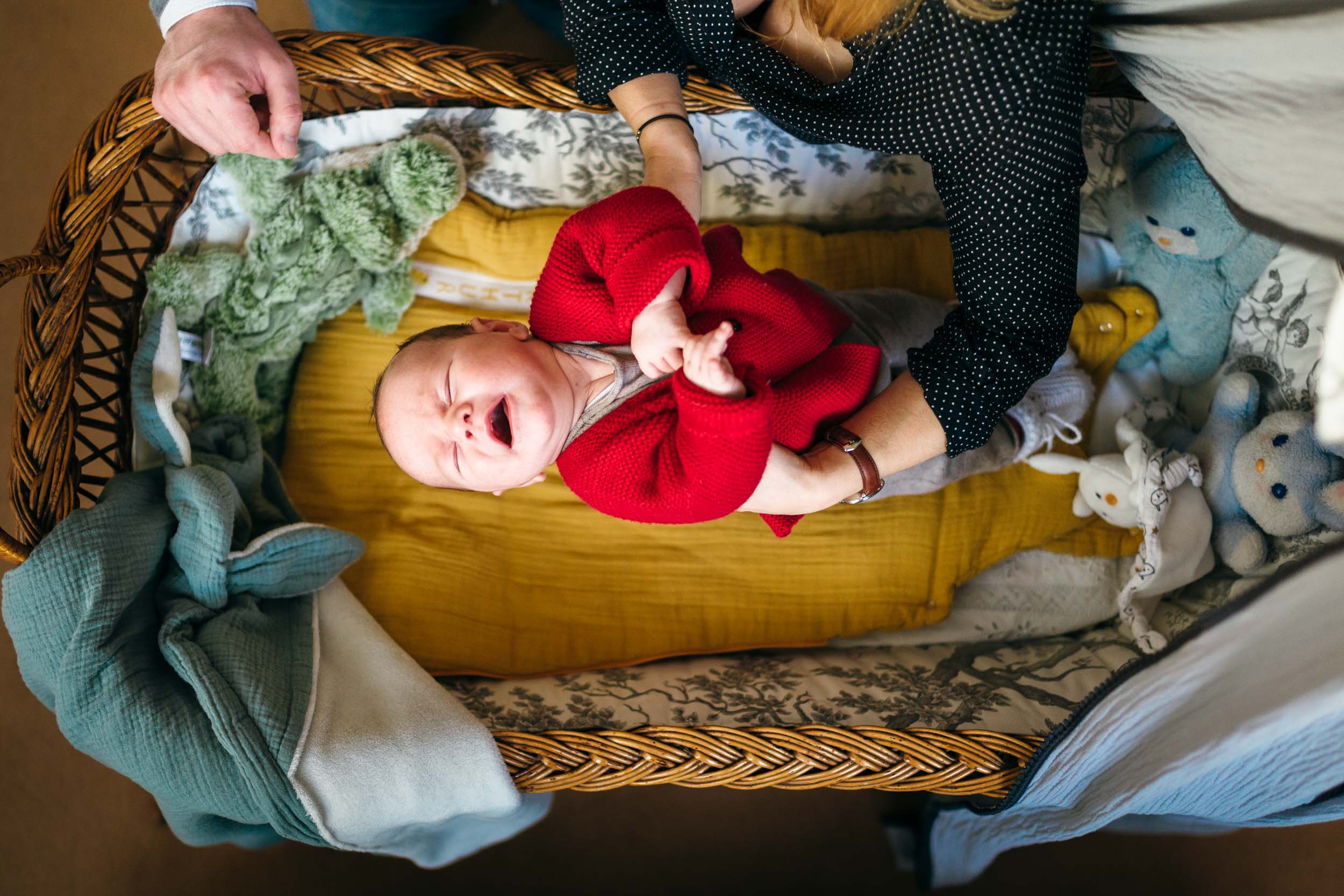 Un bébé en pull rouge est couché dans un berceau en osier tressé, il pleure et est soulevé par un adulte aux cheveux blonds portant un chemisier noir à pois. Le berceau est doté d'une couverture jaune, d'une couverture tricotée verte et de plusieurs peluches. Cette scène est une explosion de sensations pour toute personne présente.