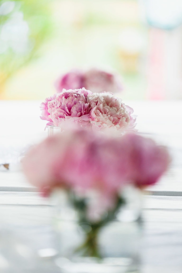 Gros plan d'une rangée de pivoines roses dans des vases en verre. L'accent est mis sur la fleur du milieu, qui est nette et détaillée, tandis que les fleurs du premier plan et de l'arrière-plan sont floues, créant un effet bokeh. L'arrière-plan est une scène de jardin douce et lumineuse, rappelant le photographe de baptême, mettant en valeur la beauté délicate des fleurs.