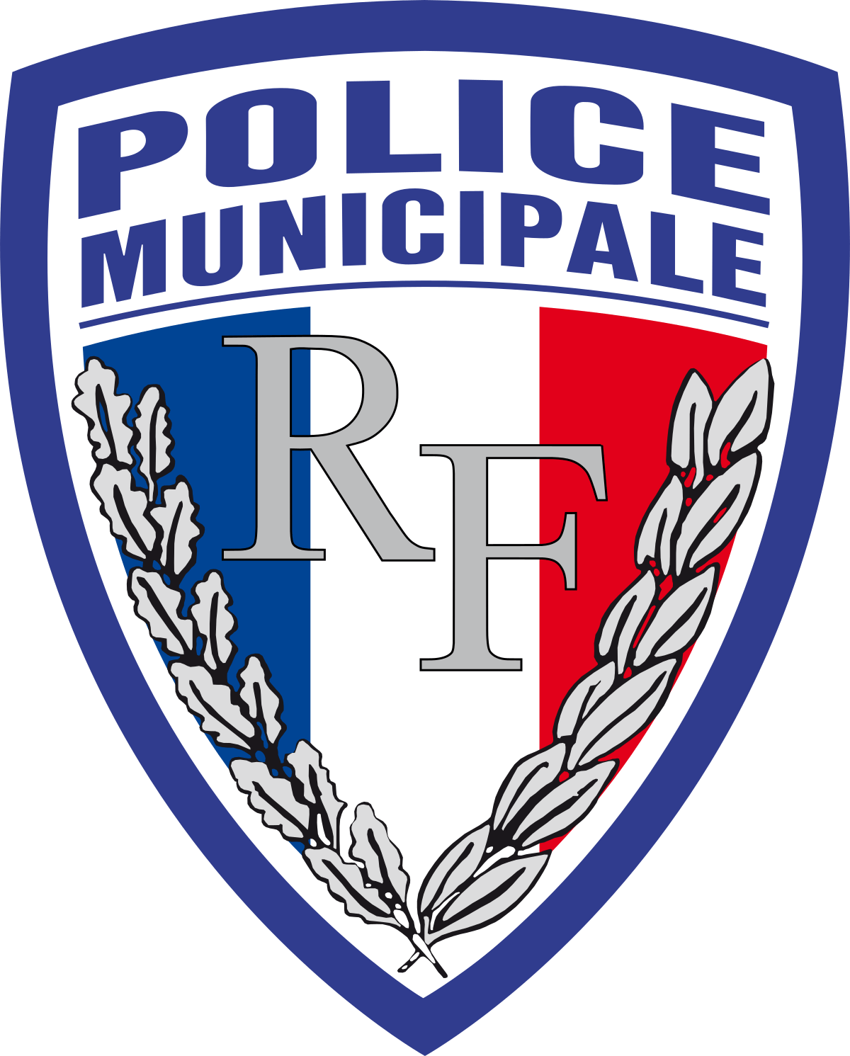 Un emblème en forme de bouclier avec le texte « Police Municipale » en haut. L'intérieur, rappelant le drapeau français avec des bandes verticales bleues, blanches et rouges, comporte le « RF » centré et flanqué de branches de laurier symbolisant la paix. Parfait pour un photographe d'entreprise pour capturer la fierté municipale.