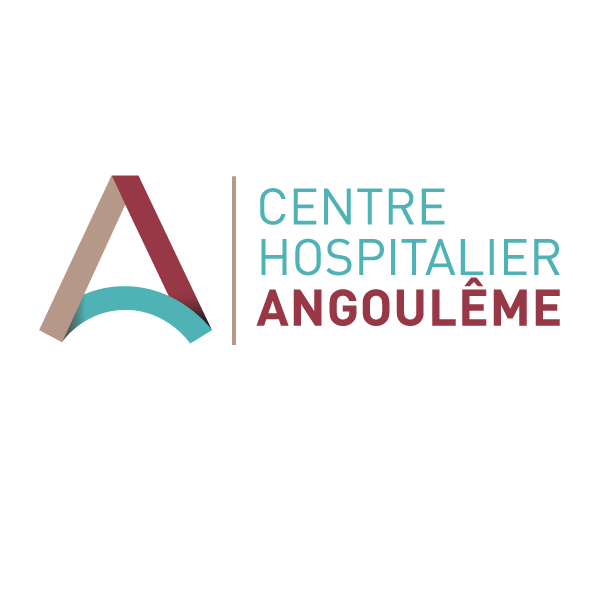 Logo du Centre Hospitalier d'Angoulême. Le design présente un « A » majuscule abstrait avec des segments en marron, bleu sarcelle et beige. À droite, le texte se lit « CENTRE HOSPITALIER » en bleu sarcelle et « ANGOULÊME » en marron. Avec une touche professionnelle proche de celle du photographe pour les entreprises, les éléments sont alignés avec une ligne verticale séparant la lettre