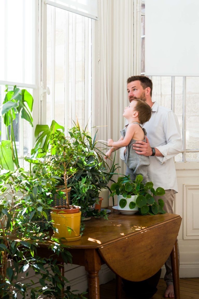 Un homme tient un bébé devant une fenêtre, entouré de diverses plantes en pot sur une table en bois. Tous deux regardent vers la fenêtre, où la lumière du soleil entre à flots. L'homme porte une chemise blanche, tandis que le bébé porte une salopette grise. La scène est lumineuse et remplie de verdure, parfaite pour tout photographe de famille bordelais.