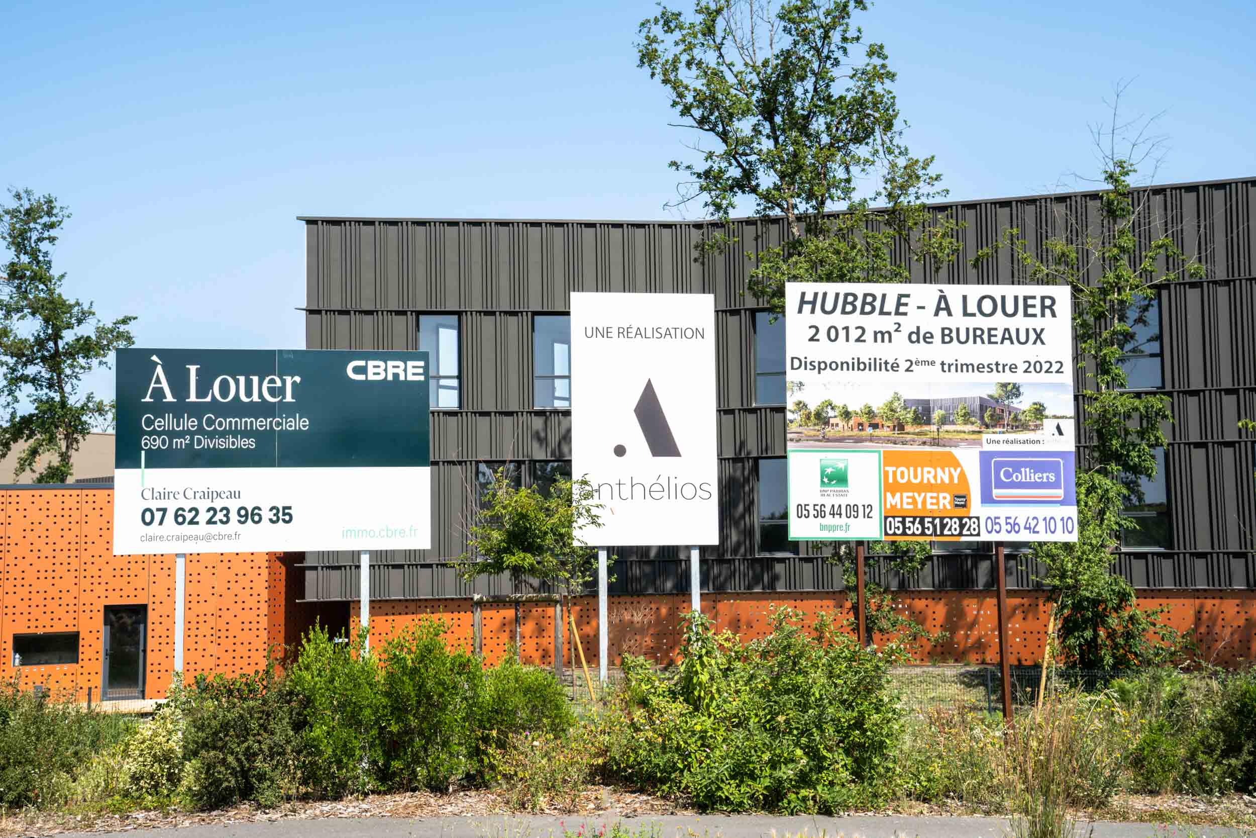 Photographie d'un photographe d'architecture de plusieurs panneaux immobiliers devant un immeuble commercial moderne à Bordeaux, affichant diverses opportunités de location. Les panneaux mentionnent les coordonnées et les logos de différentes agences, dont CBRE, Anthélios et Tourny Meyer, pour les espaces de bureaux et commerciaux disponibles à la location.