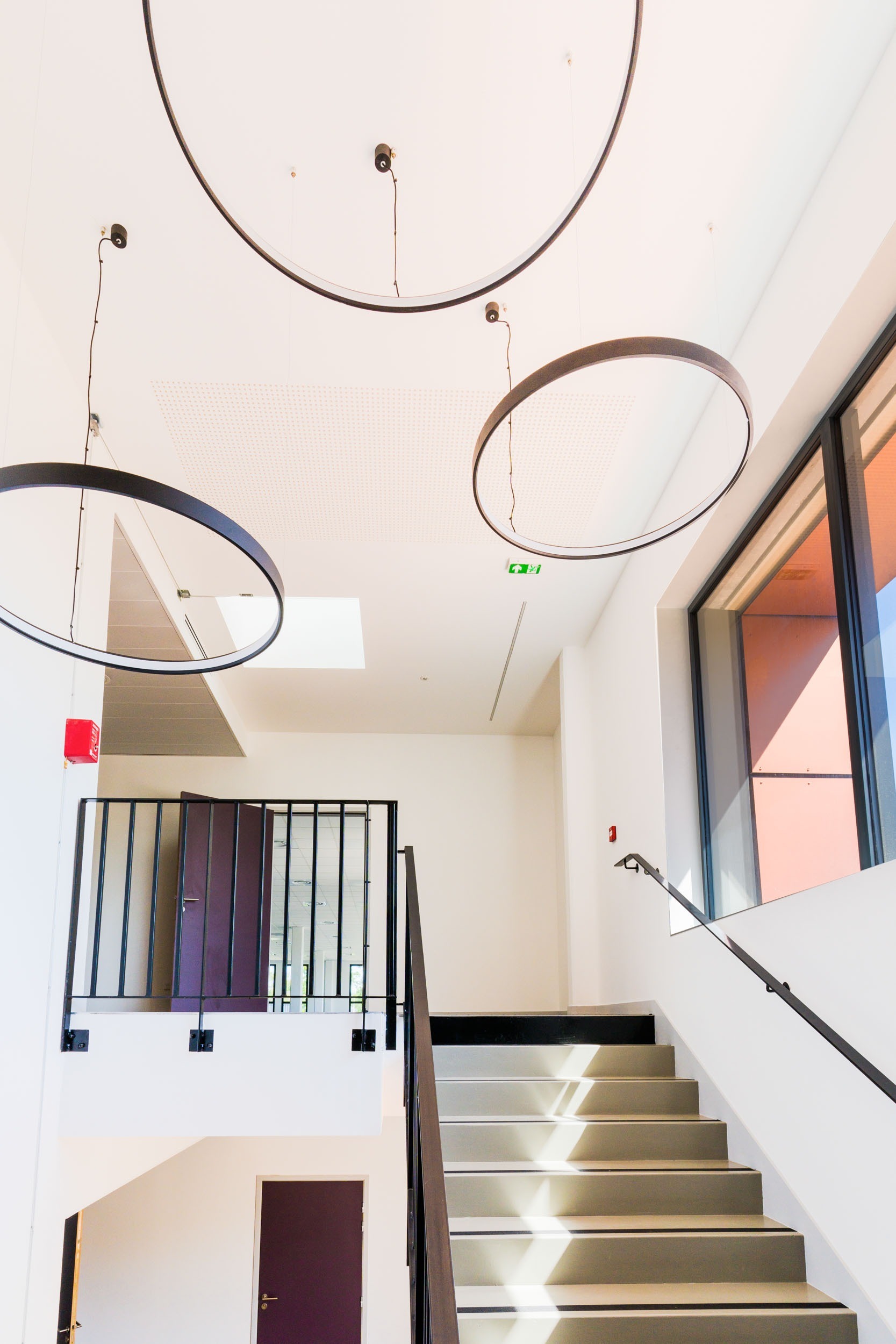 Un intérieur moderne et ensoleillé avec un escalier menant à un étage supérieur, parfait pour tout photographe d'architecture. Des suspensions circulaires sont suspendues au haut plafond. L'escalier a une rampe noire et des marches beiges. De grandes fenêtres inondent l'espace de lumière naturelle, mettant en valeur les rampes en métal noir et la porte bordeaux de l'étage supérieur.