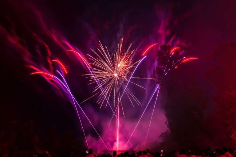 Un feu d'artifice vibrant illumine le ciel nocturne lors de la soirée annuelle du Groupe Betclic. Des feux d'artifice rouges, violets et jaunes éclatent dans diverses directions, créant des traînées et des motifs colorés. Des silhouettes d'arbres et une foule de spectateurs prenant des photos et profitant du spectacle ajoutent à la scène enchanteresse.