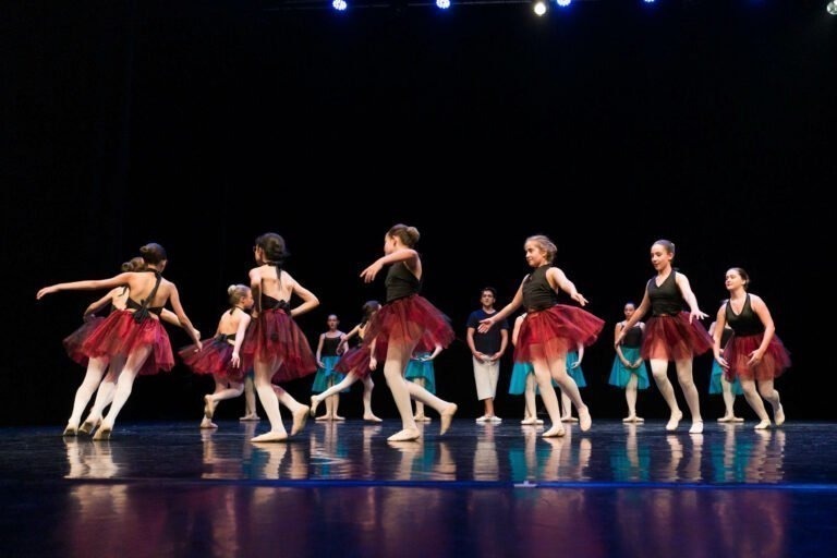 Un groupe de jeunes danseurs de ballet se produit sur scène pour le Spectacle de danse à Floirac, vêtus de hauts noirs et de tutus rouges avec des collants blancs. Ils se déplacent gracieusement en synchronisation, certains étendant les bras vers l'extérieur. Derrière eux, d'autres danseurs en costumes bleu canard se tiennent debout et observent sous les projecteurs suspendus au plafond.