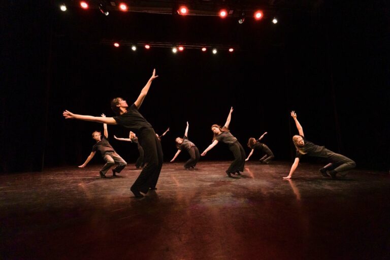 Sept danseurs, vêtus de costumes noirs, évoluent sur une scène faiblement éclairée du Spectacle de danse à Floirac. Ils sont capturés dans diverses poses dynamiques, les bras tendus et le corps courbé. Des lumières rouges les éclairent d'en haut, projetant de subtils reflets sur le sol de la scène.