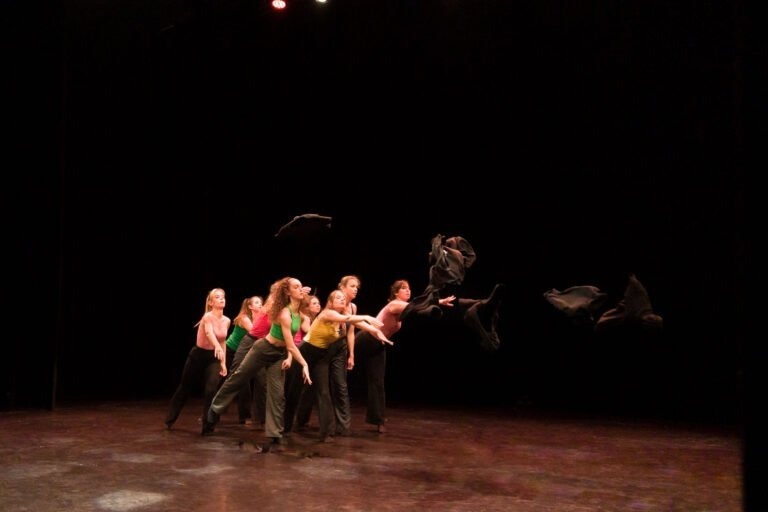 Un groupe de danseurs vêtus de hauts colorés et de pantalons sombres se produit sur scène sur fond noir lors du Spectacle de danse à Floirac. Ils se déplacent de manière dynamique, certains se penchant en avant tandis que d'autres lâchent des tissus de couleur sombre dans l'air, renforçant la sensation de mouvement. L'éclairage les met en valeur avec quelques projecteurs rouges et blancs au-dessus de leur tête.