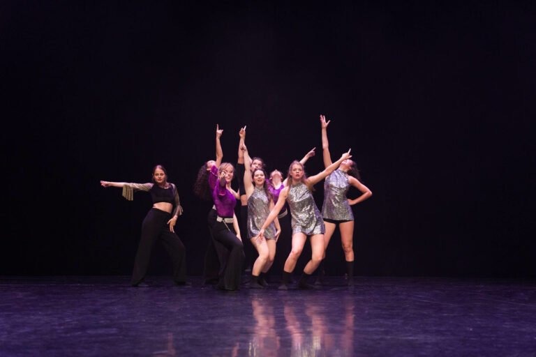 Dans le spectacle de danse à Floirac, six danseurs se produisent sur scène sur fond sombre. Le groupe comprend deux danseurs en tenue noire, un portant un haut court et quatre dans des costumes argentés brillants. Ils posent avec énergie en synchronisation avec un bras pointé vers le haut, affichant une chorégraphie dynamique illuminée par l'éclairage de la scène.