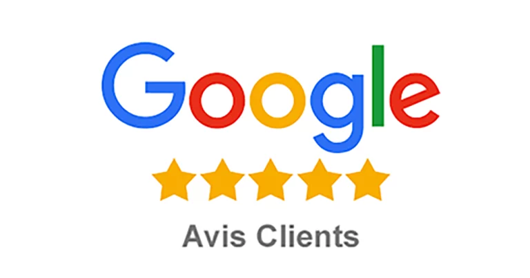 L'image affiche le logo Google avec cinq étoiles jaunes en dessous, indiquant probablement un système de notation ou d'évaluation. Sous les étoiles, on peut voir les mots français « Avis Clients », qui se traduisent par « Customer Reviews » en anglais. Le fond est blanc uni. Idéal pour un photographe de Bordeaux et Gironde à la recherche de commentaires de clients.